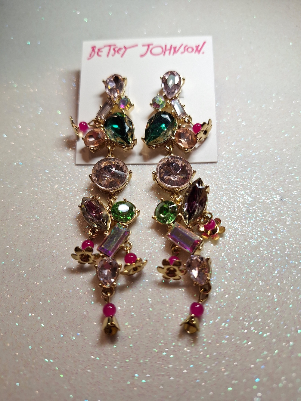 Betsey Johnson Multicolor Crystal Statement Drop Earrings Gold New